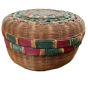 Vintage Chinese Wicker Sewing Basket Woven Split Bamboo Hand Painted Antique